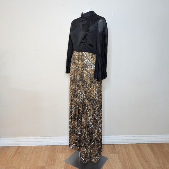 Vintage 60s Jeune Elle Black and Metallic Gold Pleated Wide Leg Jumpsuit Size M - Picture 5 of 9